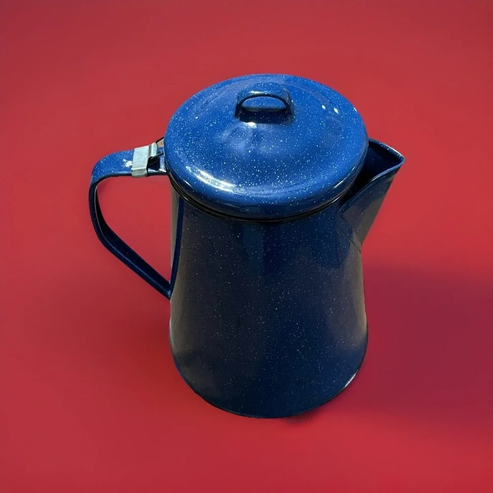 Vtg. Lg Enamelware Graniteware Blue Speckled Stove‎ Top Coffee Pot 10